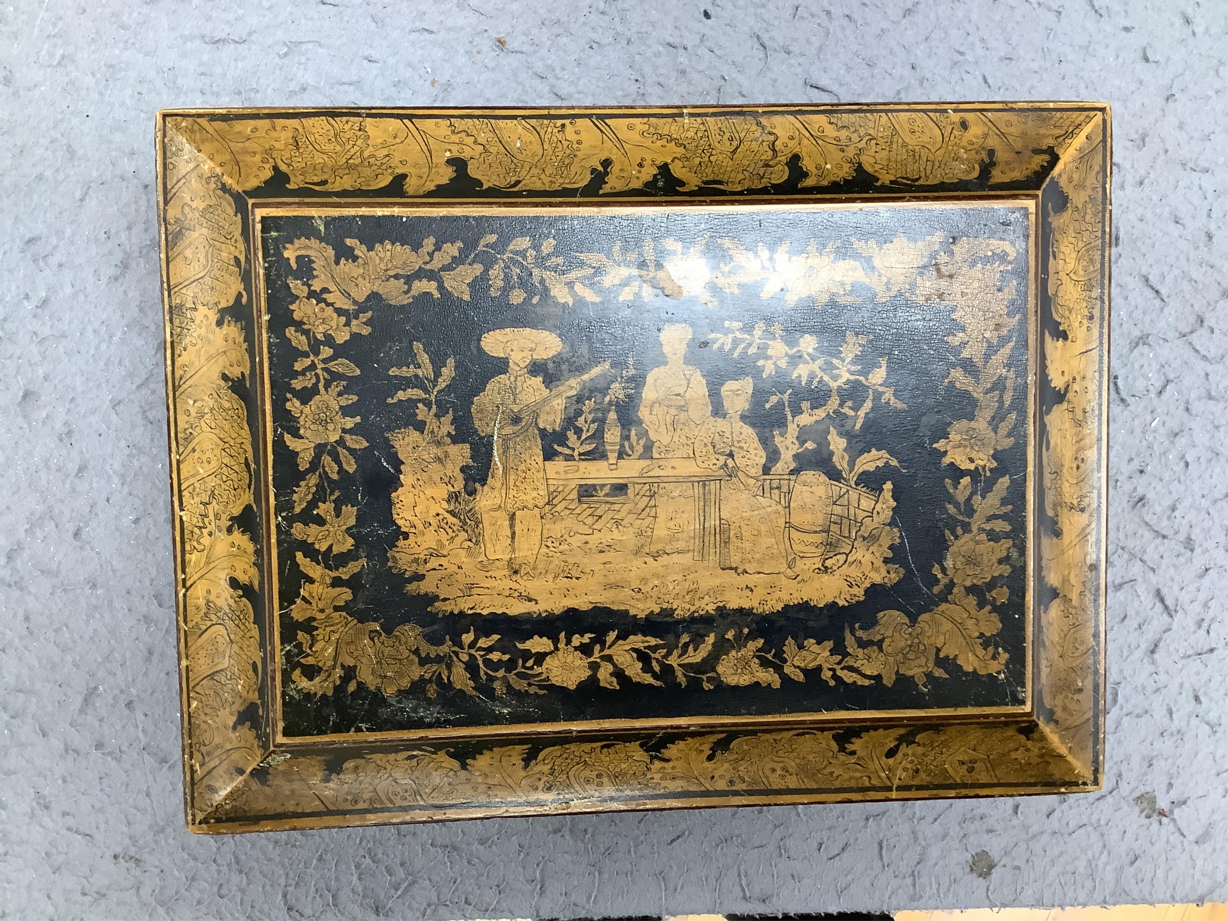 A Regency penwork work-box of sarcophagus form, 29cm. Condition - poor to fair